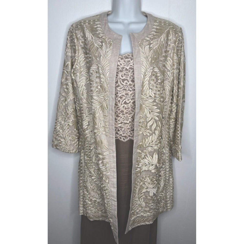 Neiman Marcus Beige Linen Embroidered Overlay 3/4 Length Metallic Jacket 10 M